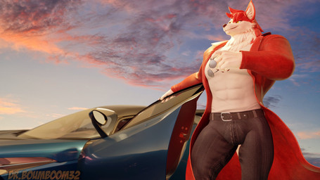 abs anthro belt black_bottomwear black_claws black_clothing black_nose black_pants bottomwear bulge car claws clothed clothed_male clothing coat ear_tuft eyewear finger_claws front_view fur glasses head_tuft holding_eyewear holding_glasses holding_object male muscular muscular_male pants pupils red_body red_clothing red_fur sky slit_pupils solo standing sunset text topwear trenchcoat tuft vehicle white_body white_fur yellow_eyes drboumboom32 valorlynz_(modeler) danny_sterling_(spitfire420007) canid canine canis mammal wolf 16:9 2022 3d_(artwork) blender_(artwork) digital_media_(artwork) hi_res widescreen