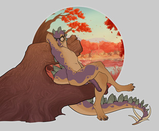 anthro balls big_penis bodily_fluids eyewear eyewear_only genital_fluids genitals glasses glasses_only looking_at_viewer male markings nude outside penis sitting solo tail vein veiny_penis wearing_glasses sheycra dinosaur ornithischian prehistoric_species reptile saurischian scalie stegosaurian stegosaurus theropod thyreophoran hi_res