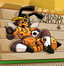 anthro ball ball_tuft balls baseball_cap big_balls big_penis black_clothing black_footwear black_gloves black_handwear black_hat black_headwear black_shoes brown_body brown_exoskeleton brown_fur brown_glans brown_hair brown_penis cleats clothing curly_hair erection exoskeleton footwear fur genitals gesture glans gloves hair hand_gesture handwear hat headgear headkerchief headwear jewelry kerchief looking_at_viewer male markings mostly_nude necklace no_pupils open_mouth orange_body orange_exoskeleton orange_fur orange_penis outside penis shaka_sign shoes sideways_baseball_cap sitting smile soccer_ball socks solo spots spotted_balls spotted_body spotted_exoskeleton spotted_genitalia spread_legs spreading stinger striped_genitalia striped_penis stripes thick_thighs tuft white_clothing white_eyes white_footwear white_headkerchief white_kerchief white_socks yellow_clothing yellow_footwear yellow_shoes felino quindim_(felino) arthropod bee hymenopteran insect 2026 hi_res