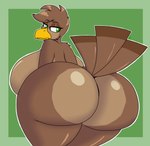 accipitrid accipitriform anthro avian back_boob beak big_breasts bird border breasts butt eagle eyebrows feathers female green_background green_border green_eyes hi_res huge_breasts orange_beak pilot129 simple_background solo standing tail tail_feathers