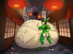 anthro belly big_belly eyewear food fur glasses green_body green_fur long_ears male short_tail sushi tail vore white_belly cmitchell lagomorph leporid mammal rabbit hi_res