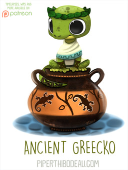 ambiguous_gender black_eyes clothed clothing feral green_body green_scales humor jug laurel_wreath leaf pun scales smile solo urn visual_pun piper_thibodeau gecko lizard reptile scalie digital_media_(artwork) digital_painting_(artwork) painting_(artwork)