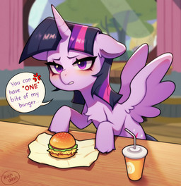 angry annoyed blush burger female feral food furniture horn restaurant soda_cup solo table window wings kitindash friendship_is_magic hasbro my_little_pony mythology twilight_sparkle_(mlp) equid equine mammal mythological_creature mythological_equine winged_unicorn hi_res