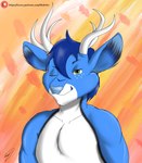 anthro antlers big_ears blue_body blue_fur blue_hair blue_nose facial_markings fluffy front_view fur green_eyes hair head_markings horn looking_at_viewer male markings nude one_eye_closed simple_background smile smiling_at_viewer solo text tuft white_body white_fur wink winking_at_viewer mohrlex deer mammal new_world_deer reindeer absurd_res bust_portrait digital_media_(artwork) hi_res portrait url