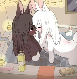 anthro bathing_together bathtub blush breasts candlelight chin_grab convenient_censorship dark_body duo featureless_breasts female female/female hair hand_on_chin inside kissing light looking_at_another romantic romantic_ambiance scut_tail short_tail soap soap_bottle soap_dispenser tail uwu white_body white_hair window doremifaso64 lagomorph mammal 2025 colored digital_drawing_(artwork) digital_media_(artwork) hi_res shaded
