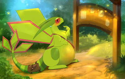 4_fingers accessory anthro arms_bent bag belly belly_blush big_belly blush body_blush claws closed_smile content day dirt eyelashes female female_anthro finger_claws fingers furgonomics gesture grass green_body green_skin green_stripes green_tail hand_gesture heart_symbol light long_tail looking_at_sign markings mouth_closed multicolored_tail outside paper plant pointing pointing_at_self pregnant pregnant_anthro pregnant_female red_eyes semi-anthro shoulder_bag shrub sign sitting sitting_on_ground smile solo striped_markings striped_tail stripes tail tail_accessory tail_bag tail_markings text thick_thighs white_claws black_kitty nintendo pokemon pokemon_mystery_dungeon spike_chunsoft fan_character kamila_(mioulgaw) flygon generation_3_pokemon pokemon_(species) 2026 colored digital_drawing_(artwork) digital_media_(artwork) english_description english_text hi_res lighting shaded