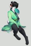 anthro biped clothed clothing femboy looking_at_viewer male simple_background sitting smile solo teeth andreia-chan zeaig bear giant_panda mammal hi_res