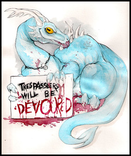 ambiguous_gender antlers black_border blood blue_body bodily_fluids bone border feral holding_object holding_sign horn jewelry necklace sign simple_background skull solo tail text white_background yellow_eyes oddbird mythology dragon mythological_creature mythological_scalie scalie 2009 english_text