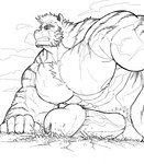 anthro big_muscles big_penis city destruction genitals huge_muscles huge_penis macro male muscular penis sky solo thrusting vein veiny_penis darkai arknights hypergryph studio_montagne mountain_(arknights) hi_res