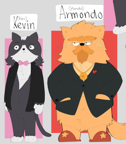 anthro barefoot beard biped black_body black_clothing black_ears black_eyes black_fur black_nose black_suit black_tail black_topwear bottomless bow_tie brown_beard brown_body brown_ears brown_facial_hair brown_flip_flops brown_fur brown_hair brown_mustache brown_tail clothed clothing crotch_tuft duo facial_hair feet flip_flops footwear fur hair half-closed_eyes hand_in_pocket heart_symbol jewelry male mouth_closed multicolored_body multicolored_fur mustache narrowed_eyes necklace orange_body orange_fur orange_tail pink_bow_tie pockets sandals serious shoes simple_background smile standing suit tail text three-quarter_view topwear tuft two_tone_body two_tone_fur whiskers white_body white_fur yellow_flip_flops sushiamazing amazon_(company) kevin_(series) armando_(kevin) kevin_(kevin) domestic_cat felid feline felis mammal 2026 absurd_res character_name digital_media_(artwork) hi_res
