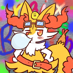ambiguous_anthro ambiguous_gender anthro background_text belt biped blowing_bubble_gum blush dipstick_tail eyewear food front_view goggles hands_on_hips looking_at_viewer markings shrimp_(food) solo standing tail tail_markings text annyui0611 nintendo pokemon braixen canid generation_6_pokemon mammal pokemon_(species) 1:1 2022 character_name digital_drawing_(artwork) digital_media_(artwork) english_text half-length_portrait japanese_description portrait translated_description