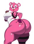 anthro big_breasts big_butt bodily_fluids breasts butt clothing female fur gloves handwear looking_at_viewer looking_back pink_body pink_fur simple_background smile solo thick_thighs tongue wide_hips sssonic2 third-party_edit epic_games fortnite cuddle_team_leader bear human mammal digital_media_(artwork) hi_res