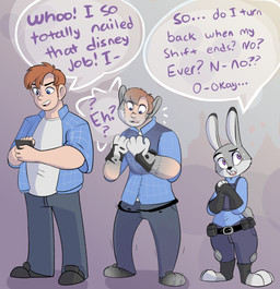 anthro base_one_layout basic_sequence blue_eyes buckteeth clothed clothing dialogue female fur gender_transformation grey_body grey_fur hair human_to_anthro linear_sequence markings mtf_transformation one_row_layout open_mouth paws purple_background purple_eyes shrinking simple_background size_transformation solo species_transformation standing teeth text tf_into_fictional_character three_frame_image three_frame_sequence tongue transformation transformation_sequence moonbased disney zootopia judy_hopps human lagomorph leporid mammal rabbit 2020 absurd_res digital_media_(artwork) english_text hi_res sequence