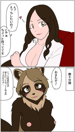 anthro blush blush_lines breasts cleavage clothed clothing dialogue female human_to_anthro inner_ear_fluff kemono looking_at_viewer nipples nude solo species_transformation text transformation tuft kobuchi_(524koki) canid canine human mammal raccoon_dog tanuki 2019 comic hi_res japanese_description japanese_text translated