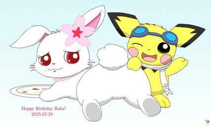 accessory butt duo eyewear eyewear_on_head female female_feral feral flower flower_in_hair food_on_face fur goggles goggles_on_head hair hair_accessory happy_birthday jewelry logo looking_back lying male male_feral necklace on_front one_eye_closed plant plate scarf white_body white_fur white_scarf wink yellow_body yellow_fur pichu90 jewelpet nintendo pokemon sanrio sega sega_fave ruby_(jewelpet) sparks_pichu generation_2_pokemon hare japanese_hare lagomorph leporid mammal pichu pokemon_(species) 2025 5:3 artist_logo dated hi_res