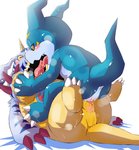 animal_genitalia anthro bodily_fluids drooling duo french_kissing genital_slit genitals horn kissing legs_up male male/male saliva slightly_chubby slit_play slit_tribadism slitfluid stacking tongue young chibineco bandai_namco digimon digimon_(species) gabumon veemon absurd_res hi_res