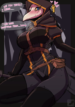 anthro biped black_body black_feathers blue_eyes blush bodily_fluids breasts clothed clothing cross dialogue drooling feathers female grey_background heart_symbol hood legwear looking_at_viewer panties plague_doctor plant saliva simple_background smile solo straps sweat talking_to_viewer text thigh_highs tree underwear white_face yellow_sclera omega56 adelia_(omega56) avian bird corvid oscine passerine 2022 absurd_res digital_media_(artwork) english_text hi_res