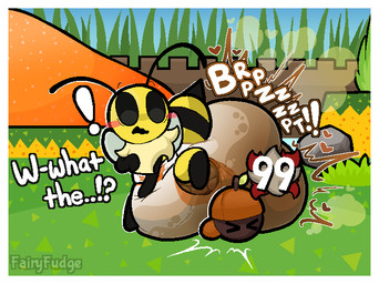ambiguous_gender antennae_(anatomy) anthro biped black_eyes blush border clothed clothing damage_numbers dialogue diaper duo emanata embarrassed excessive_feces exclamation_point eyes_closed falling_over feces female female/ambiguous gameplay_mechanics grass hand_on_diaper heart_symbol hyper hyper_feces hyper_soiling leg_guard_peekage neck_tuft open_mouth outside plant pooping question question_mark rock scatplay sitting_on_another smelly soiled_diaper soiling soiling_diaper sound_effects stink_cloud surprised text touching_diaper tuft unclean_diaper used_diaper vowelless vowelless_sound_effect wearing_diaper white_border wide_eyed wings yellow_body fairyfudge bug_fables moonsprout_games vi_(bug_fables) acornling arthropod bee hymenopteran insect waddling_head artist_name digital_media_(artwork)