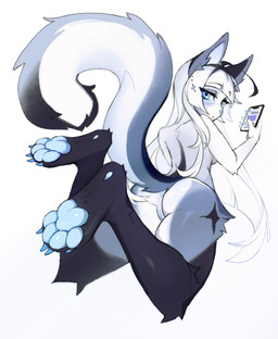 4_toes 5_fingers ahoge anthro anus bangs black_body black_fur blue_anus blue_body blue_claws blue_eyes blue_fur blue_nose blue_pawpads breasts butt claws ear_piercing electronics eyelashes feet female fingers fur genitals hair holding_object holding_phone leg_tuft long_hair looking_at_viewer looking_back looking_back_at_viewer multicolored_body multicolored_fur nude pawpads paws phone piercing raised_tail side_boob simple_background solo tail thigh_tuft toes tuft vulva white_background white_body white_fur white_hair mikosi domestic_cat felid feline felis mammal colored digital_drawing_(artwork) digital_media_(artwork) hi_res shaded