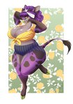 anthro big_breasts black_markings breasts clothed clothing eyelashes female glistening glistening_eyes grey_nose hair looking_at_viewer markings open_mouth open_smile purple_body purple_hair smile solo yellow_eyes tiggybloom bovid bovine cattle mammal 2019 full-length_portrait hi_res portrait