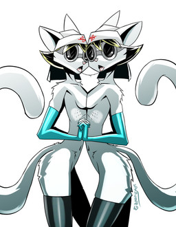 after_kiss anthro anthro_on_anthro armwear biped black_clothing black_eyewear black_goggles black_legwear black_stockings blonde_hair blue_clothing blue_gloves blue_handwear bodily_fluids breast_squish breasts breasts_frottage clone clothing collarbone duo elbow_gloves eyewear female female/female female_anthro female_focus fluffy fur gloves goggles hair hand_holding handwear headdress headgear headwear legwear light long_tail looking_at_viewer mostly_nude mostly_nude_anthro mostly_nude_female navel nurse nurse_clothing nurse_headdress nurse_headwear open_mouth pink_nose pupils ribs saliva saliva_string selfcest shadow short_hair side_view simple_background slim slim_anthro slim_female small_breasts solo square_crossover squish standing stockings tail thick_thighs tongue tongue_out white_background white_body white_clothing white_fur white_headwear white_pupils gatonejo domestic_cat felid feline felis mammal 2026 absurd_res digital_drawing_(artwork) digital_media_(artwork) hi_res signature