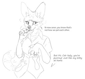 anthro bodily_fluids breasts claws clothed clothing dialogue duo female fur male open_mouth shirt smile speech_bubble sweat tail text topwear whiskers wetchop ms._serval_(wetchop) felid feline human mammal serval digital_media_(artwork) english_text monochrome