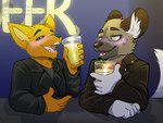 alcohol bar beer beverage blush clothing drunk duo glass jacket leather leather_clothing leather_jacket leather_topwear male substance_intoxication topwear nut-case aggretsuko night_in_the_woods sanrio gregg_lee haida_(aggretsuko) canid canine fox hyena mammal spotted_hyena