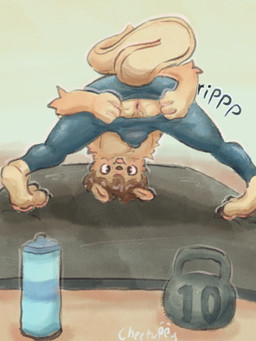 anthro anus bottomwear clothing exercise male pants raised_tail solo tail torn_clothing yoga_mat yoga_pants cheetuppy 3:4 absurd_res hi_res