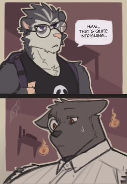 anthro backpack black_clothing black_shirt black_tank_top black_topwear bodily_fluids brown_body brown_eyes brown_fur clothing dialogue duo eyewear fur glasses grey_body grey_fur inside male purple_eyes shirt speech_bubble spider_web sweat sweatdrop tank_top text topwear white_clothing white_shirt white_topwear king_slabu adrian_(king_slabu) nolan_(king_slabu) american_opossum canid canine canis domestic_dog mammal marsupial virginia_opossum absurd_res comic compression_artifacts english_text hi_res