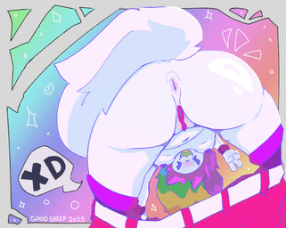 anthro anus blush butt butt_focus clothed clothing female fluffy fluffy_tail fur genitals gesture hair hand_gesture legwear multicolored_hair nipples open_mouth partially_clothed presenting presenting_hindquarters purple_clothing purple_hair purple_legwear purple_nipples purple_vulva rainbow_hair solo speech_bubble tail underwear underwear_down v_sign vulva white_body white_fur xd goodsheep xcite_(catjamn) canid canine mammal 2025 digital_drawing_(artwork) digital_media_(artwork)