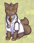 brown_body brown_fur clothing doctor feral fur grey_clothing grey_shirt grey_topwear male medical_instrument necktie open_mouth red_necktie scientific_instrument shirt simple_background solo topwear white_clothing yellow_eyes insaneproxy_(artist) domestic_cat felid feline felis mammal hi_res