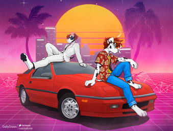 1980s_theme 1987_daytona_shelby_z 4_toes aloha_shirt anthro barefoot beanie black_pawpads blue_bottomwear blue_clothing blue_jeans blue_pants bottomwear brown_hair car cigarette claws clothing denim denim_bottomwear denim_clothing digitigrade duo eyewear feet finger_claws foot_focus green_eyes hair hat headgear headwear hindpaw jeans male markings palm_tree pants pattern_clothing pattern_shirt pattern_topwear pawpads paws pink_beanie pink_clothing pink_hat pink_headwear pink_pawpads pink_undershirt plant shirt smoking soles spots spotted_markings star suit sun sunglasses sunset synthwave synthwave_background toe_claws toes topwear tree vector vector_art vehicle white_clothing white_suit yellow_clothing yellow_shirt yellow_topwear dallydraws dodge_(brand) dally_doggo canid canine canis dalmatian domestic_dog mammal hi_res