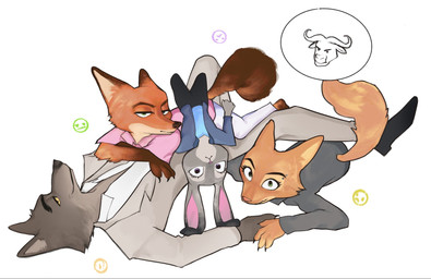 anthro bottomwear brown_body brown_fur clothed clothing eyebrow_piercing facial_piercing female fur grey_body group half-closed_eyes horn looking_at_viewer looking_back lying male narrowed_eyes offscreen_character on_another on_back on_front orange_body orange_fur pants piercing shirt simple_background smile tail topwear arvecina disney dreamworks the_bad_guys zootopia chief_bogo diane_foxington judy_hopps mr._wolf_(the_bad_guys) nick_wilde bovid bovine canid canine canis cape_buffalo fox lagomorph leporid mammal rabbit red_fox true_fox wolf crossover digital_media_(artwork) hi_res