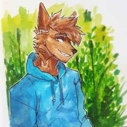anthro blue_clothing blue_eyes blue_hoodie blue_topwear brown_body brown_fur brown_hair cheek_tuft clothed clothing facial_tuft fur glistening glistening_eyes grin hair hoodie looking_at_viewer male narrowed_eyes neck_tuft plant short_hair shrub simple_background smile solo topwear tuft unsigned akatan_art canid mammal 1:1 half-length_portrait hi_res portrait traditional_media_(artwork)