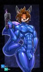 abs anthro athletic athletic_male bedroom_eyes bodysuit bulge clothing detailed_bulge looking_at_viewer male muscular narrowed_eyes obliques pecs seductive skinsuit smile solo thick_thighs tight_clothing zero_suit libra-11 metroid nintendo canid canine fox mammal hi_res