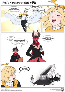 black_clothing black_jacket black_topwear blonde_hair blush breasts brown_horn clipboard clothing coal container cup eyes_closed feathered_wings feathers female fire floating_fire flying group hair half-closed_eyes halo holding_container holding_cup holding_mug holding_object holidays horn humanoid_pointy_ears jacket monster_girl_(genre) mug narrowed_eyes open_mouth pointy_ears red_body red_scarf red_skin scarf shirt short_hair simple_background smile standing steam text text_on_mug thick_thighs topwear truck upper_teeth vehicle white_background white_clothing white_shirt white_topwear white_wings wings randomtanstudio christmas holly_greatman_(randomtanstudio) lucy_(randomtanstudio) murmur_(randomtanstudio) angel angel_humanoid demon demon_humanoid humanoid comic english_text hi_res