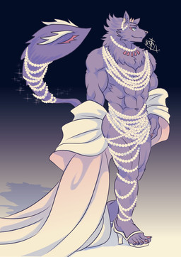 anthro beads clothing fluffy fluffy_tail footwear fur high_heels horn living_tail male purple_body purple_fur shoes solo tail unusual_anatomy unusual_tail zinpatink_m zinpatink_s lifewonders tokyo_afterschool_summoners bathym_(tas) canid canine canis demon mammal wolf
