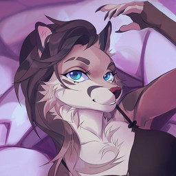 anthro bedding bedding_background black_bra black_clothing black_underwear blue_eyes bra brown_body brown_fur brown_hair cheek_tuft clothing facial_tuft female front_view fur glistening glistening_eyes hair looking_at_viewer lying on_back red_nose smile solo tuft underwear white_body white_fur unknowhiter species_request 1:1 2021 hi_res