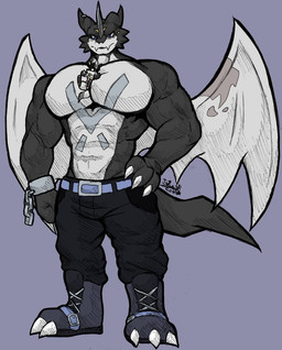 abs anthro barazoku big_muscles big_pecs black_body chibi clothed clothing horn huge_pecs male muscular muscular_anthro muscular_male pec_squeeze pecs red_eyes shirtless shirtless_anthro shirtless_male size_difference smile solo wings jwbash bandai_namco digimon nintendo pokemon digimon_(species) exveemon generation_4_pokemon lucario pokemon_(species) hatching_(art) hi_res shaded sketch