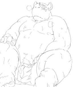 anthro belly blush bodily_fluids bulge clothing humanoid_hands kemono male moobs nipples overweight overweight_anthro overweight_male simple_background sitting solo sweat underwear white_background train_(artist) mammal rhinoceros 2015 monochrome