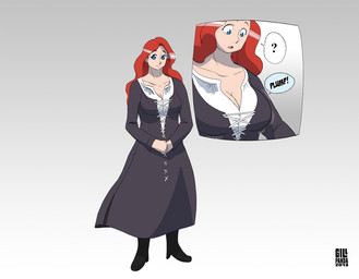 big_breasts blue_eyes breast_expansion breasts clothing dress expansion female footwear grey_background grey_clothing grey_dress hair high_heels human_only looking_aside looking_down not_furry red_hair shoes simple_background solo standing surprised text gillpanda human mammal 2013 digital_media_(artwork) english_text