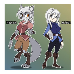 anthro armor belt boots border bottomwear clothing duo female footwear fur grey_body grey_eyes grey_fur grey_hair hair long_hair one_leg_on_ground orange_eyes pants shoes standing topwear vambrace vest white_border gndthr323 achiel kiruss canid canine canis human mammal wolf 1:1 absurd_res hi_res