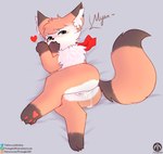 absurd_res anthro bed blush bodily_fluids butt canid canine claws cum cum_inside female fox furniture genital_fluids genitals heart_symbol hi_res leaking_cum lying mammal nia_(senz) paws pussy scarf senz solo tail text