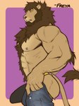 2023 abs amber_eyes anthro arm_tuft beard biceps body_hair bottomwear bottomwear_down brown_body brown_fur brown_hair bulge butt chest_hair chest_tuft claws clothed clothing deltoids elbow_tuft erection facial_hair felid finger_claws freyadraws fur hair happy_trail hi_res holding_bottomwear holding_clothing holding_object holding_pants jockstrap lion looking_at_viewer male mammal mane mane_hair meme muscular muscular_anthro muscular_male nipple_piercing nipples open_bottomwear open_clothing open_pants pantherine pants pants_down partially_clothed pecs piercing pinup portrait pose side_view signature simple_background solo standing tail tail_tuft tan_body tan_fur three-quarter_portrait tight_pants_(meme) topless triceps tuft underwear undressing vein veiny_muscles