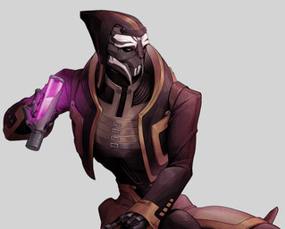 3_fingers beverage clothed clothed_male clothing container cup facial_markings fingers hat head_markings headgear headwear holding_beverage holding_container holding_cup holding_object jacket male markings pink_liquid simple_background sitting solo topwear yellow_eyes leafjuly bioware electronic_arts mass_effect septimus_oraka alien turian absurd_res colored hi_res portrait three-quarter_portrait