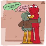 anthro beak brown_clothing brown_topwear clothing dialogue duo feathers green_body green_feathers hand_on_wall larger_male looking_at_another male male/male narrowed_eyes open_beak open_mouth red_body size_difference smaller_male speech_bubble talking_to_another topwear yellow_beak pawplants don't_hug_me_i'm_scared duck_guy_(dhmis) red_guy_(dhmis) anatid anseriform avian bird duck monster 2022 digital_media_(artwork)