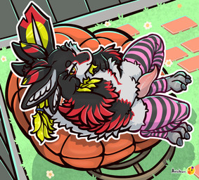 3_toes 4_ears 4_fingers animal_genitalia animal_penis anthro black_body black_feathers claws clothing detailed_background erection feathers feet fingers fur furniture genitals glistening glistening_genitalia hair legwear looking_at_viewer male markings mouth_closed multi_ear multicolored_body multicolored_fur nature nature_background on_sofa penis pink_penis presenting presenting_penis red_eyes red_markings sitting sitting_on_sofa smile smiling_at_viewer sofa solo spread_legs spreading stockings tail tail_feathers tapering_penis toes white_body white_feathers yellow_eyes avisheart avali avian hi_res