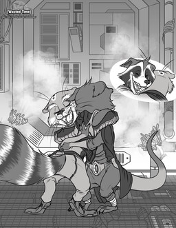 4_fingers 4_toes anthro anthro_on_anthro barefoot bodily_fluids claws clothed clothing crying duo eyes_closed feet female finger_claws fingers footwear fur happy hindpaw hug humanoid_hands jacket male male/female open_mouth open_smile paws shoes smile standing steam surgical_suture tears tears_of_joy teeth text toe_claws toes tongue topwear wastedtimeee guardians_of_the_galaxy marvel lylla_(marvel) rocket_raccoon mammal mustelid otter procyonid raccoon 2023 absurd_res digital_media_(artwork) greyscale hi_res monochrome url