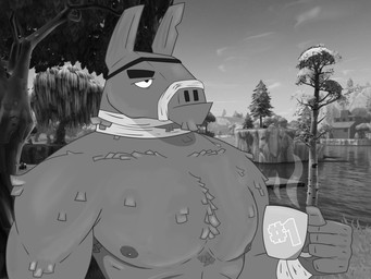 abs annoyed anthro areola armpit_hair bandage bandaged_arm bandaged_neck body_hair breasts building chest_hair coffee_mug container cup detailed_background ears_up eye_patch eyewear facial_hair goatee holding_container holding_cup holding_mug holding_object house male male_anthro mug muscular muscular_anthro muscular_arms muscular_male nipples nude_anthro nude_male oiled_body outside pecs plant sky suggestive text tree tufted_fur rencor34 epic_games fortnite lt._john_llama camelid llama mammal 4:3 absurd_res artist_name character_name hi_res monochrome