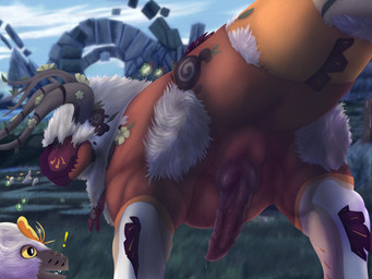 ambiguous_feral ambiguous_gender animal_genitalia animal_penis antlers anus blurred_background bodily_fluids butt duo erection exclamation_point feral flower fluffy fur fuzzy genital_fluids genital_focus genital_slit genitals grass group horn knot knotted_penis larger_feral larger_male looking_at_another looking_at_genitalia looking_back male male_feral multicolored_body outside penis plant precum presenting presenting_hindquarters rear_view size_difference sky smaller_ambiguous smaller_feral solo_focus standing surprised tail thick_tail white_body white_fur yellow_body rimowill creatures_of_sonaria dinosaur ghartokus prehistoric_species puffwump reptile saurischian scalie theropod tyrannosauroid 4:3 absurd_res hi_res